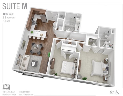 Floor plan for 2 beds, 2 baths, 1095 sqft